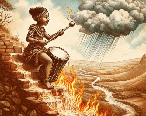 A young Zulu girl drums atop a fiery staircase, freeing rain clouds chained by the Spirit of Flame. This parchment-style African folktale illustration honors courage, drought, and the birth of a rainmaker.