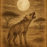 a hyena howling under the full moon on the African plains, with acacia trees in the background, symbolizing the folktale of greed and regret.