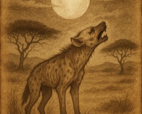 a hyena howling under the full moon on the African plains, with acacia trees in the background, symbolizing the folktale of greed and regret.