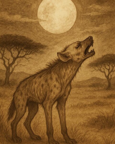 a hyena howling under the full moon on the African plains, with acacia trees in the background, symbolizing the folktale of greed and regret.
