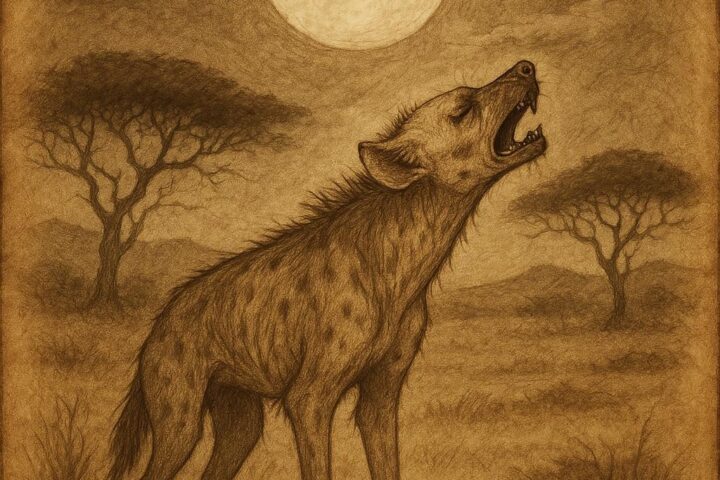 a hyena howling under the full moon on the African plains, with acacia trees in the background, symbolizing the folktale of greed and regret.