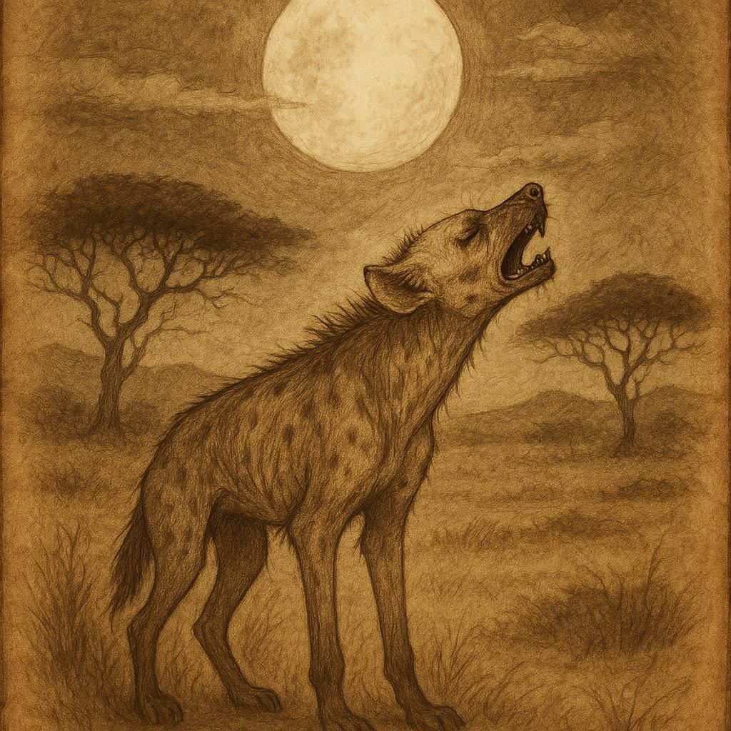 a hyena howling under the full moon on the African plains, with acacia trees in the background, symbolizing the folktale of greed and regret.