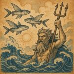 three flying fish leaping above ocean waves under the watchful eyes of the sea god, from an African folktale