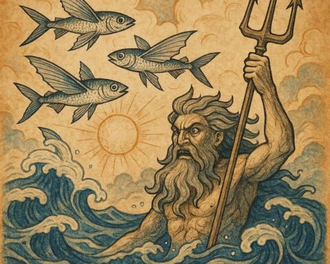 three flying fish leaping above ocean waves under the watchful eyes of the sea god, from an African folktale