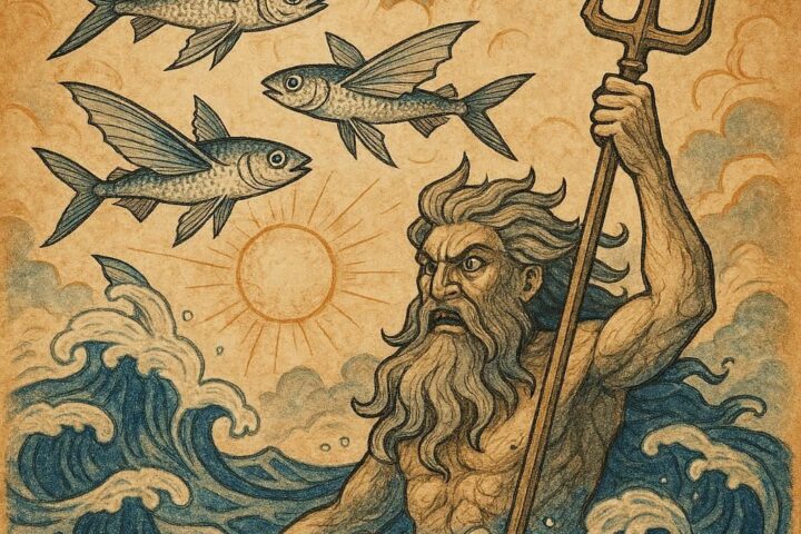 three flying fish leaping above ocean waves under the watchful eyes of the sea god, from an African folktale