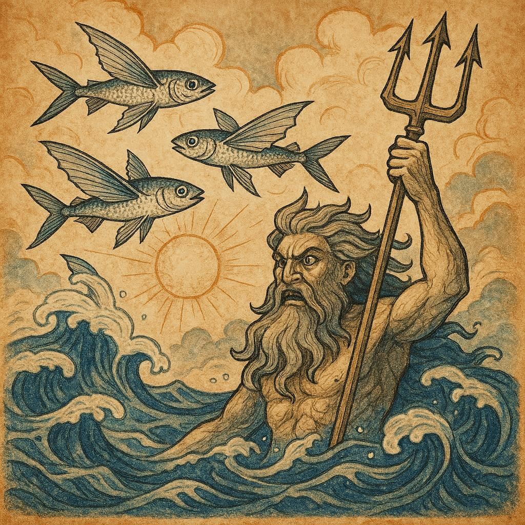 three flying fish leaping above ocean waves under the watchful eyes of the sea god, from an African folktale