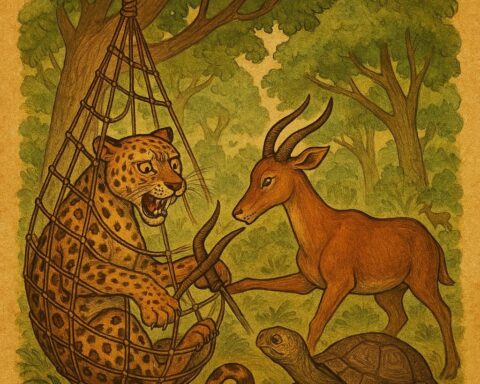 Leopard trapped in a hunter’s rope being freed by kind Antelope as Tortoise watches in the Gabon forest.