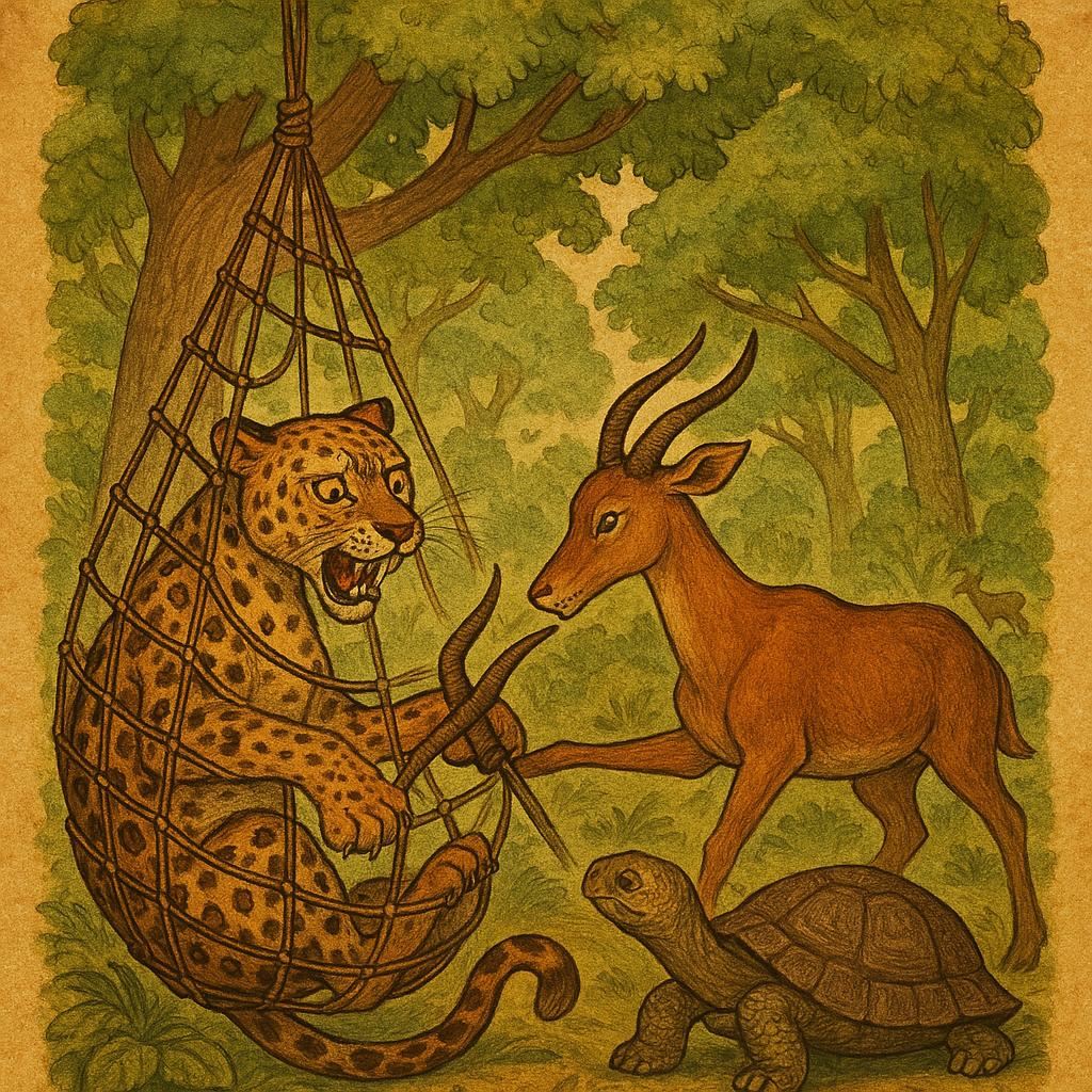 Leopard trapped in a hunter’s rope being freed by kind Antelope as Tortoise watches in the Gabon forest.