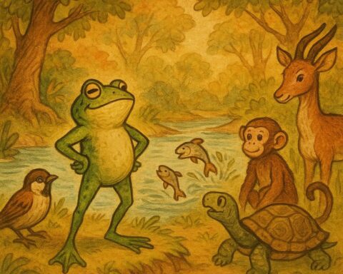 A boastful green frog stands proudly on a Gabon riverbank as sparrow, monkey, tortoise, gazelle, and fish watch him