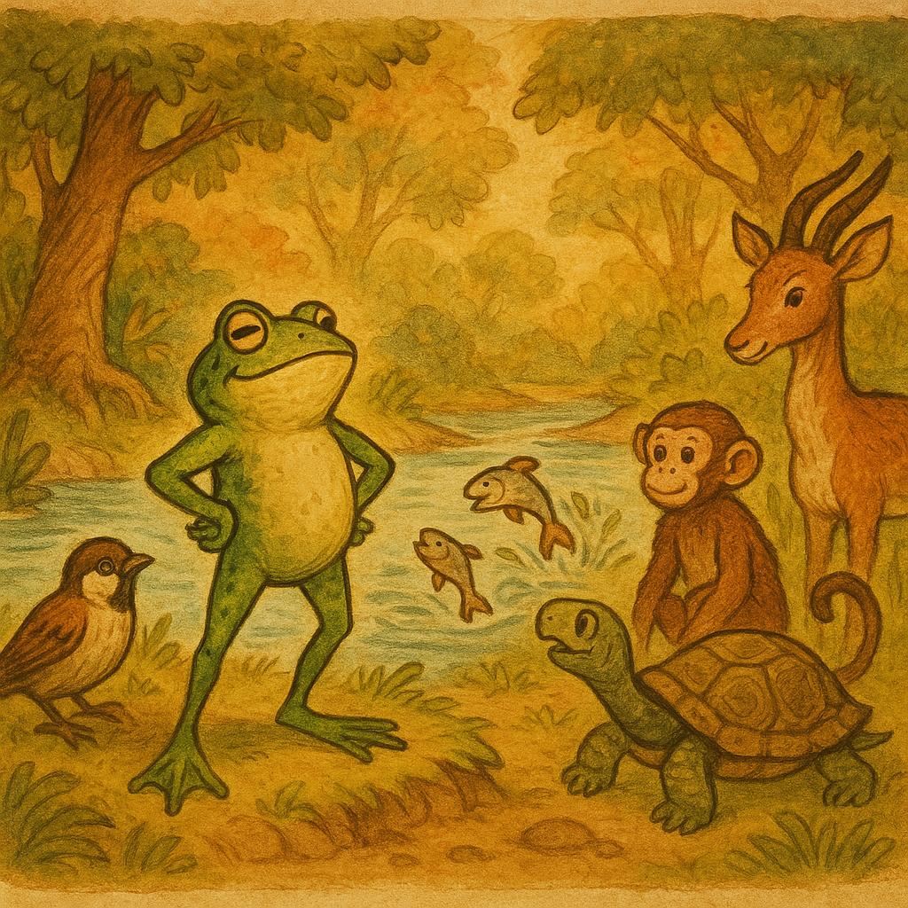 A boastful green frog stands proudly on a Gabon riverbank as sparrow, monkey, tortoise, gazelle, and fish watch him