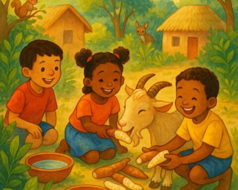 A cheerful goat eats cassava from children’s hands near a village, with bowls of water and smiling kids around, while forest animals watch