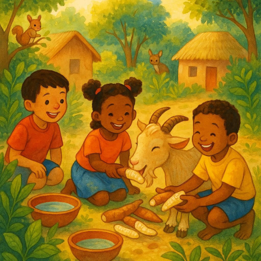 A cheerful goat eats cassava from children’s hands near a village, with bowls of water and smiling kids around, while forest animals watch