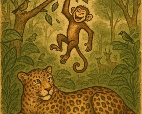 A leopard pretends to be dead on the forest floor while a clever monkey shakes a tree branch above, laughing, as animals watch from the Gabon forest.