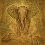 the first elephant rising from the earth, surrounded by tortoise, antelope, and crocodile in a magical African forest.