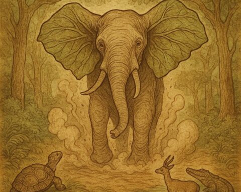 the first elephant rising from the earth, surrounded by tortoise, antelope, and crocodile in a magical African forest.