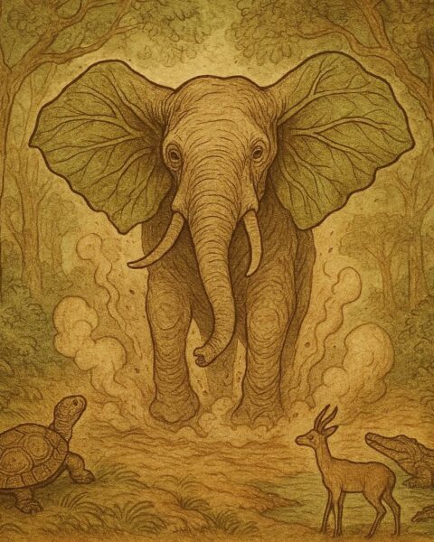the first elephant rising from the earth, surrounded by tortoise, antelope, and crocodile in a magical African forest.