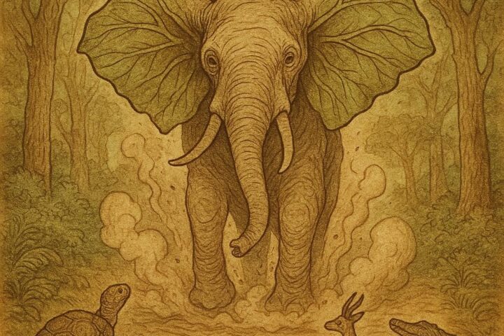 the first elephant rising from the earth, surrounded by tortoise, antelope, and crocodile in a magical African forest.