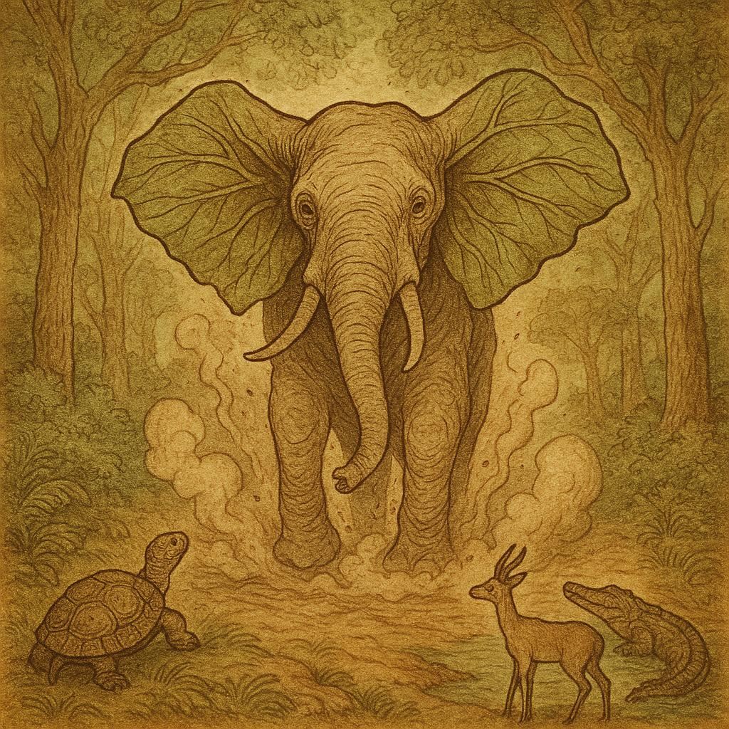 the first elephant rising from the earth, surrounded by tortoise, antelope, and crocodile in a magical African forest.