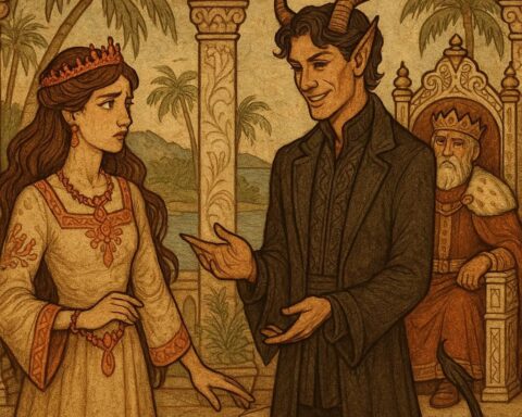 A Benga princess looks uneasy as a disguised devil bows before the king in a royal court decorated with ivory and gold.