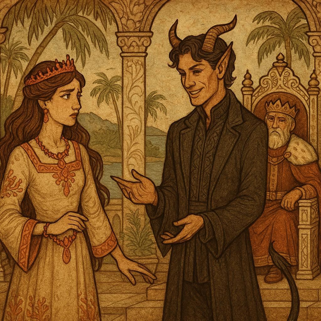 A Benga princess looks uneasy as a disguised devil bows before the king in a royal court decorated with ivory and gold.