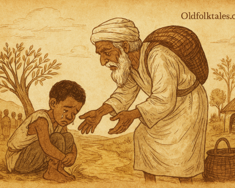 Parchment-style illustration of Kokou meeting kind merchant on dusty road; children’s folktale from Tado, West Africa.