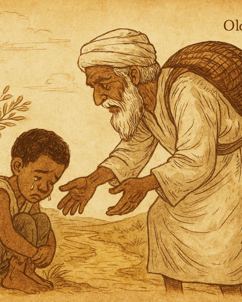 Parchment-style illustration of Kokou meeting kind merchant on dusty road; children’s folktale from Tado, West Africa.