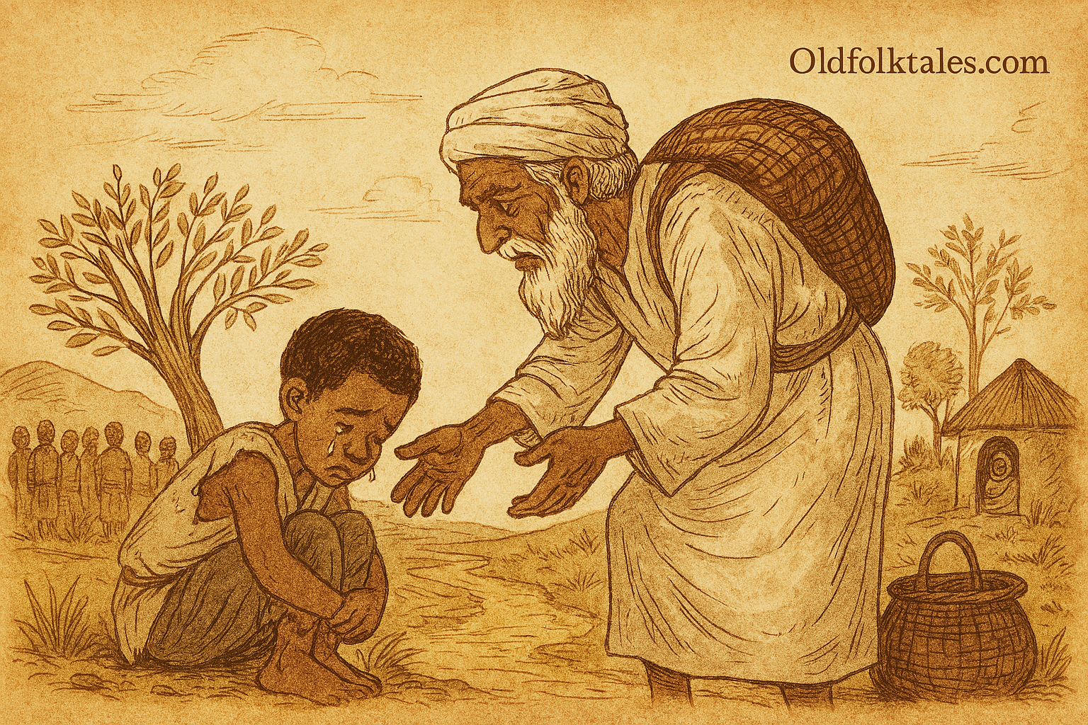 Parchment-style illustration of Kokou meeting kind merchant on dusty road; children’s folktale from Tado, West Africa.